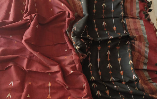 Dark Maroon Bengal Handspun (Khadi) cotton Jamdani saree with Black Pallu