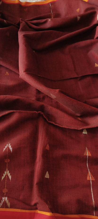 Dark Maroon Bengal Handspun (Khadi) cotton Jamdani saree with Black Pallu