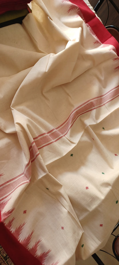 Off-White with Red border Ponduru Handspun Handwoven cotton Saree