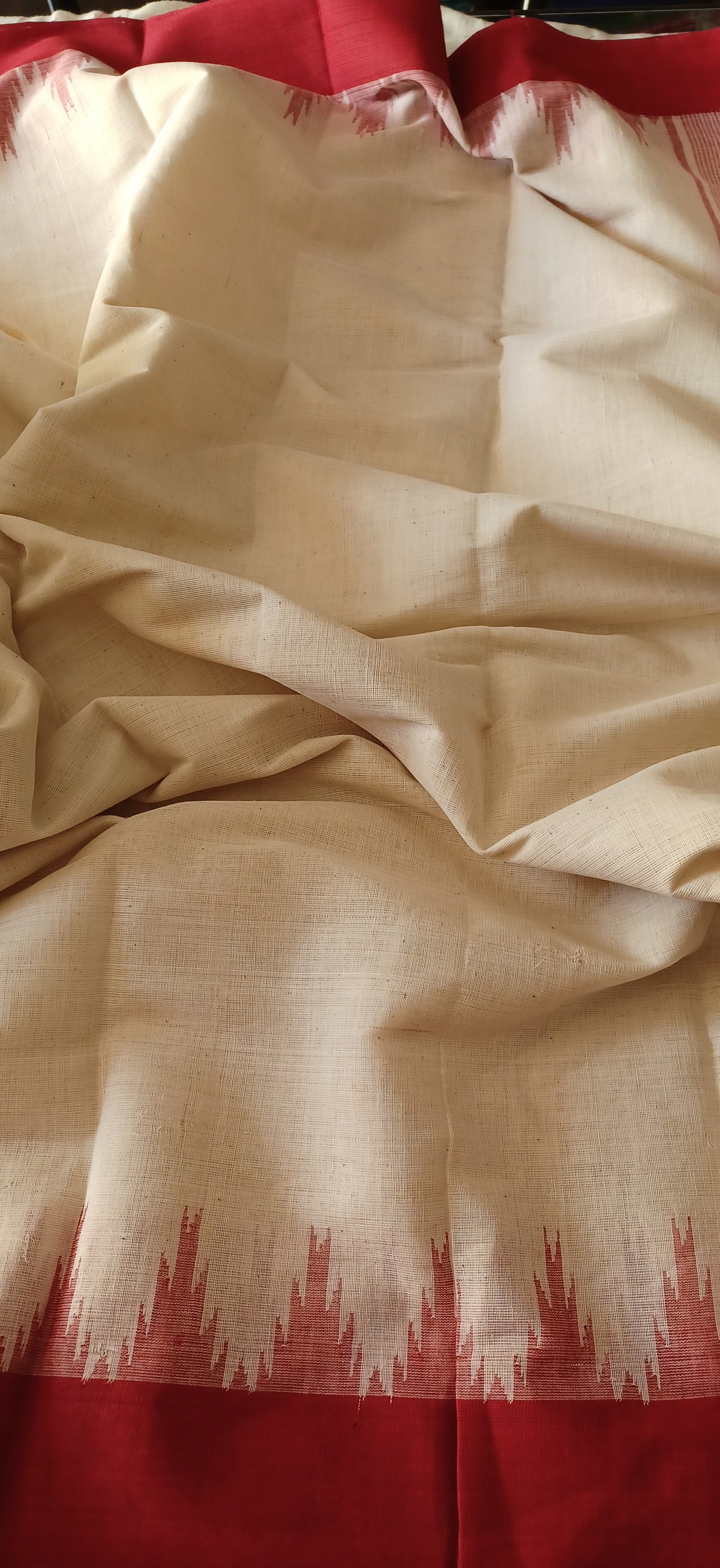 Off-White with Red border Ponduru Handspun Handwoven cotton Saree
