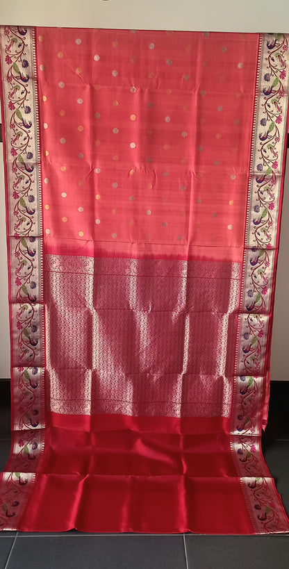 Coral Pink Shot colour and Red Paithani border Venkatagiri Pure Silk saree