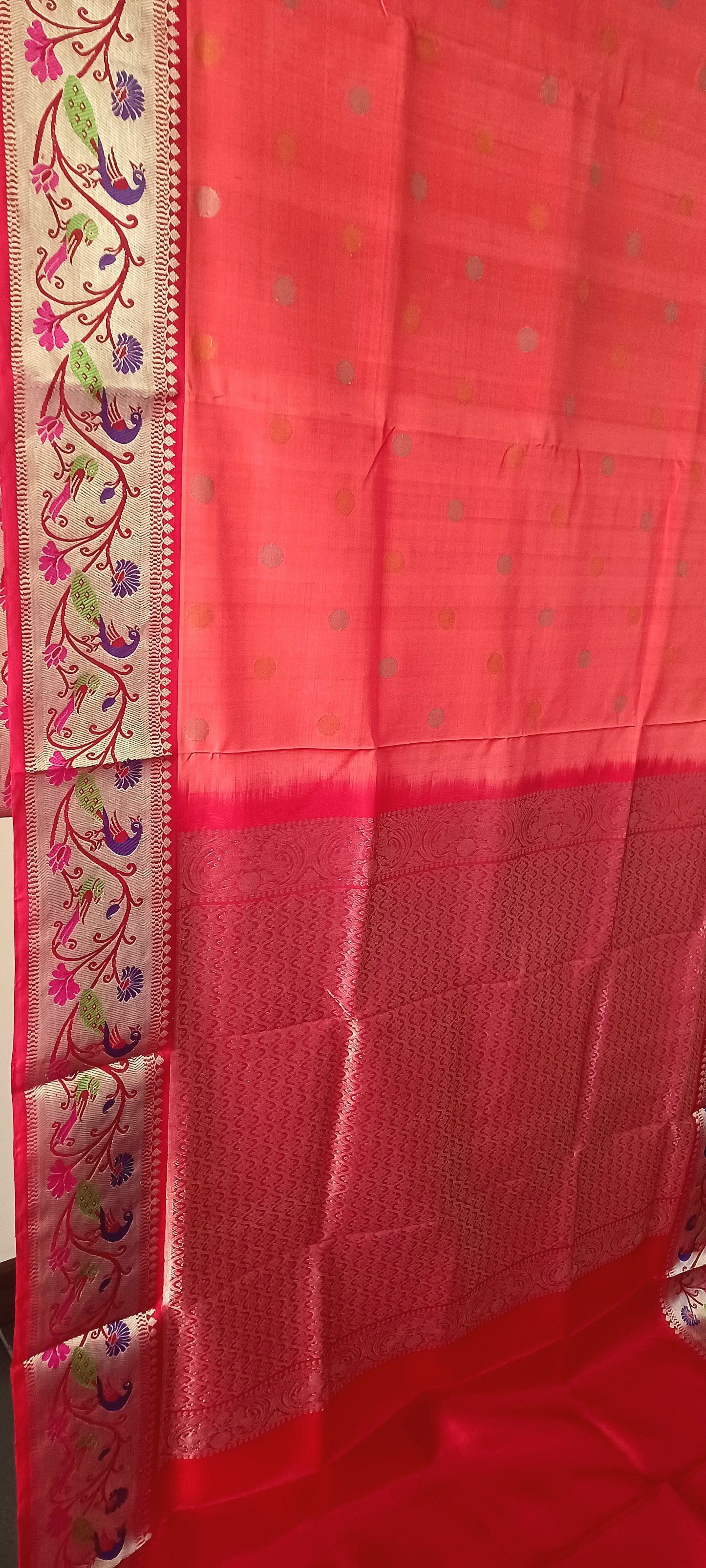 Coral Pink Shot colour and Red Paithani border Venkatagiri Pure Silk saree