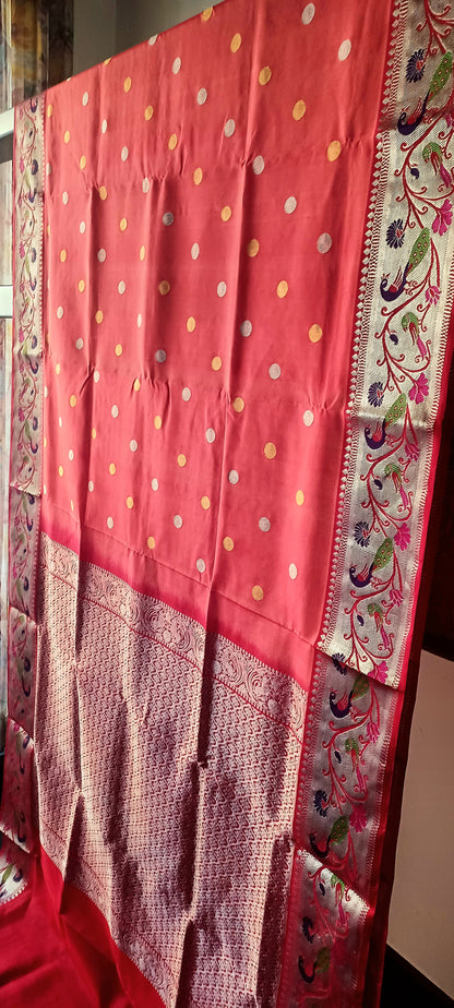 Coral Pink Shot colour and Red Paithani border Venkatagiri Pure Silk saree
