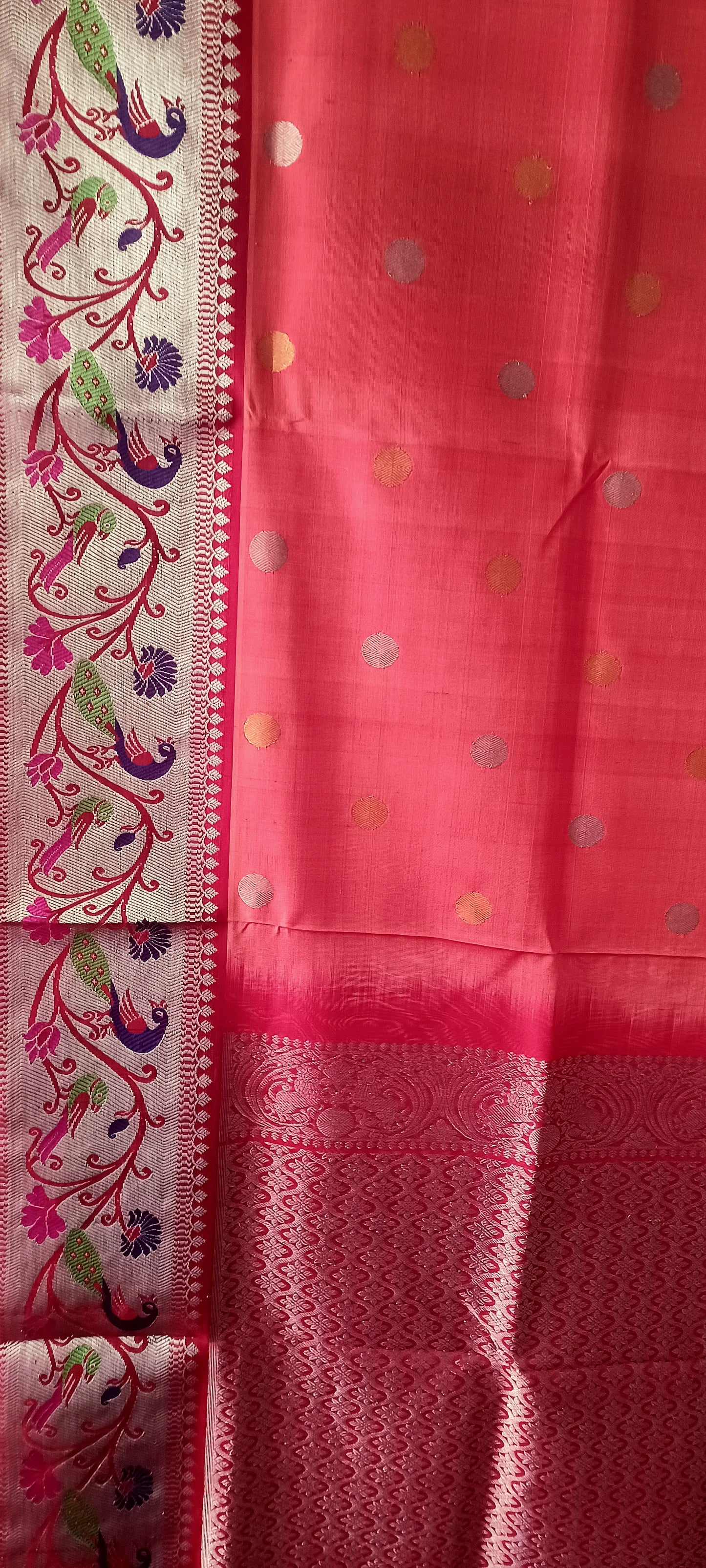 Coral Pink Shot colour and Red Paithani border Venkatagiri Pure Silk saree