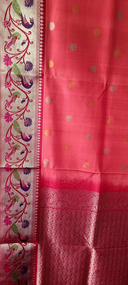 Coral Pink Shot colour and Red Paithani border Venkatagiri Pure Silk saree