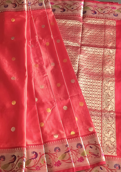 Coral Pink Shot colour and Red Paithani border Venkatagiri Pure Silk saree