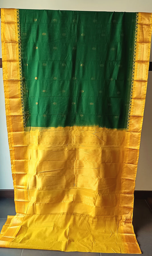 Bottle Green with contrast Yellow border and Pallu Gadwal Sico Saree (ON SALE due to Dye Stains in the blouse)