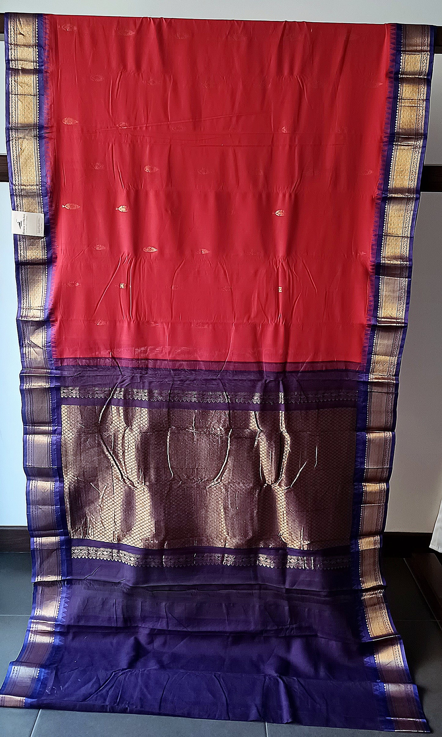 Bright Red with contrast dark blue border and Pallu Gadwal Sico Saree
