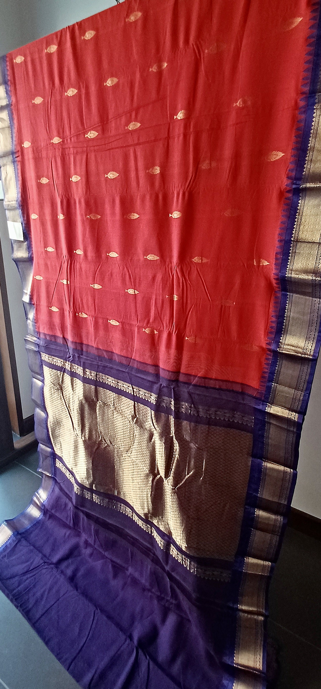 Bright Red with contrast dark blue border and Pallu Gadwal Sico Saree