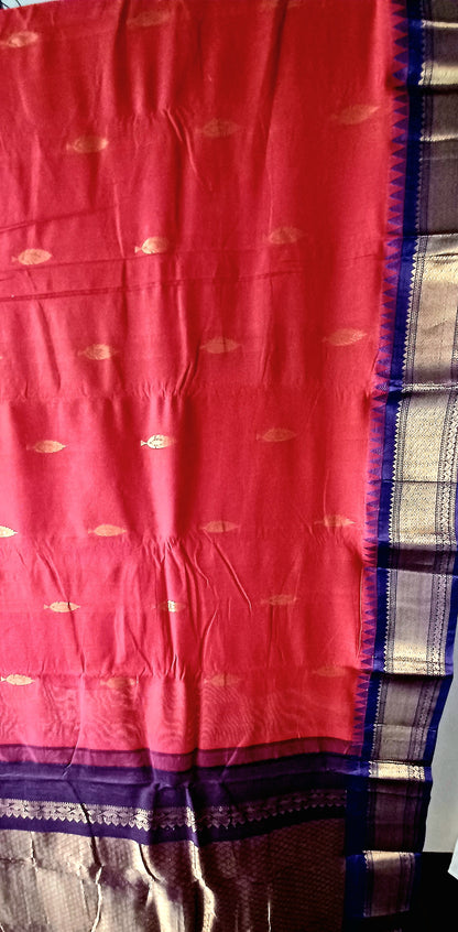 Bright Red with contrast dark blue border and Pallu Gadwal Sico Saree