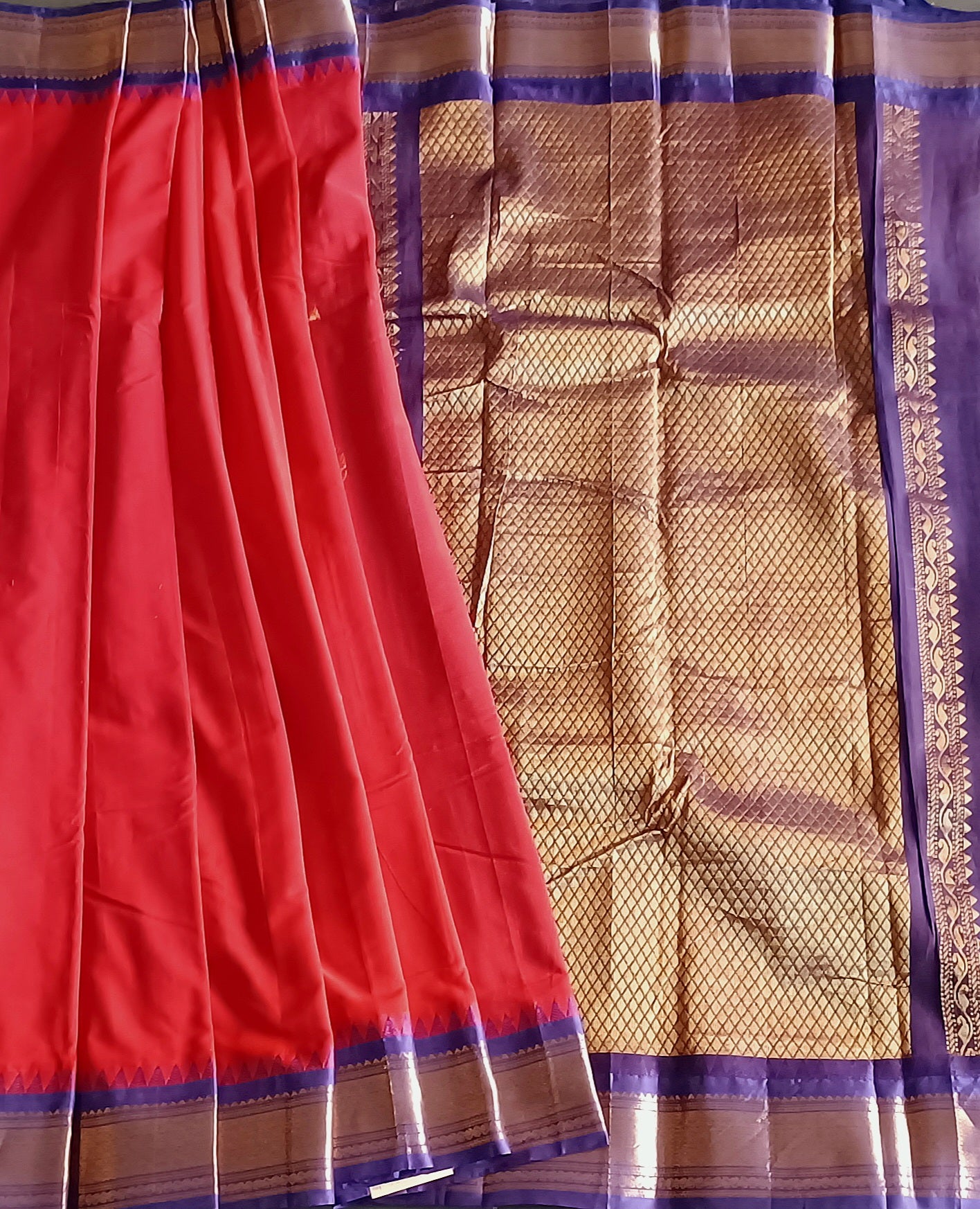 Bright Red with contrast dark blue border and Pallu Gadwal Sico Saree
