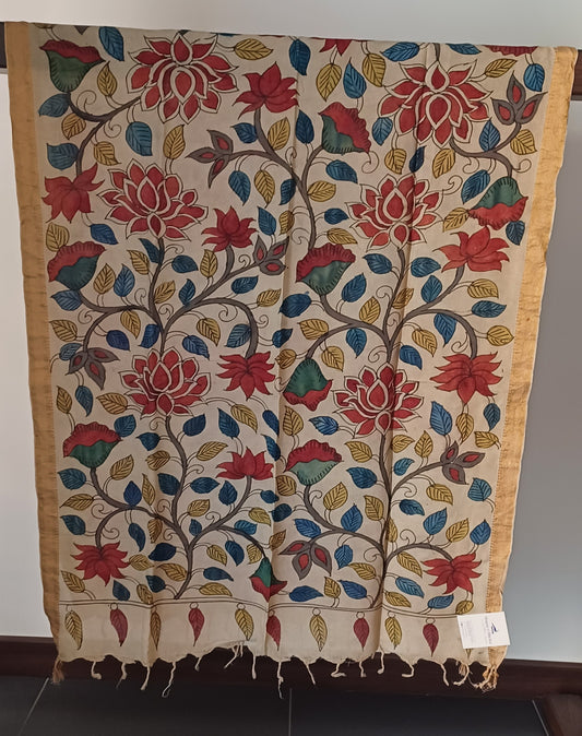 Off-white Srikalahasti Pen Kalamkari Bangalore Silk Handpainted Dupatta