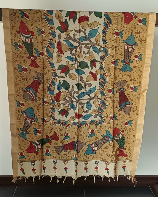 Off-white and beige Srikalahasti Pen Kalamkari Bangalore Silk Handpainted Dupatta