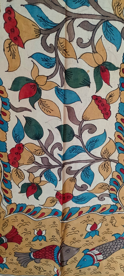 Off-white and beige Srikalahasti Pen Kalamkari Bangalore Silk Handpainted Dupatta