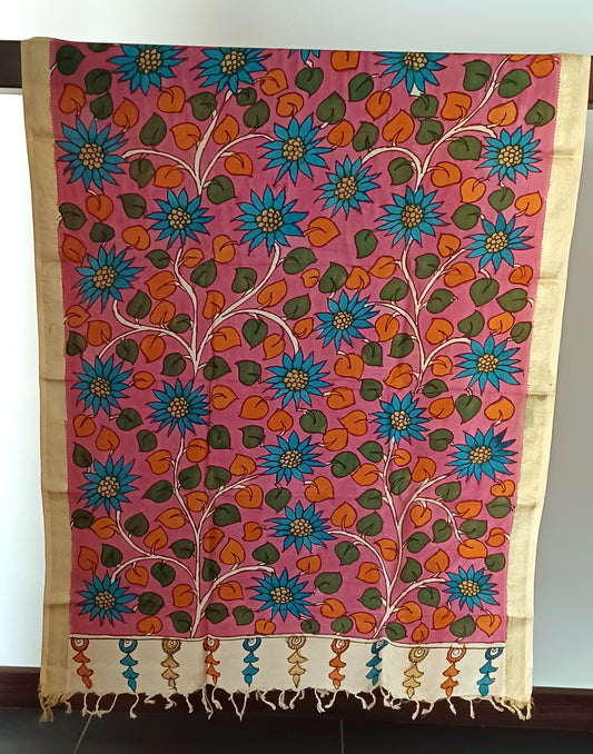 Pink Srikalahasti Pen Kalamkari Bangalore Silk Handpainted Dupatta