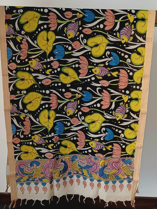 Black Srikalahasti Pen Kalamkari Bangalore Silk Handpainted Dupatta