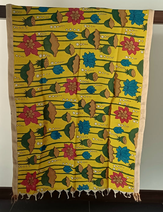 Yellow Srikalahasti Pen Kalamkari Bangalore Silk Handpainted Dupatta