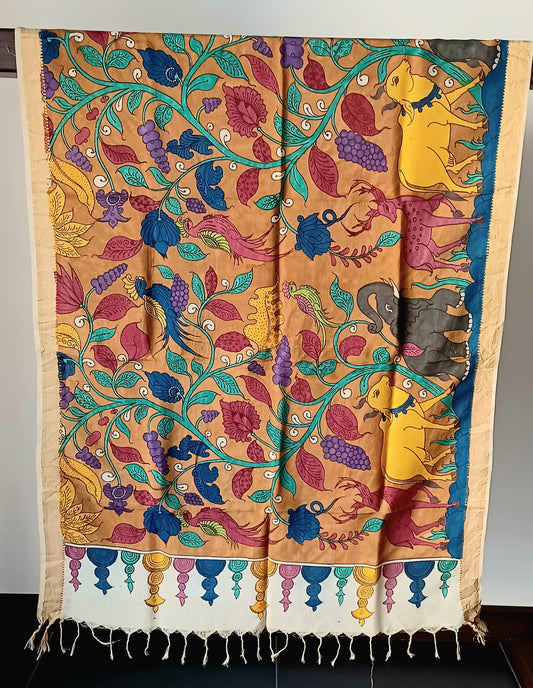 Light Brown Srikalahasti Pen Kalamkari Bangalore Silk Handpainted Dupatta