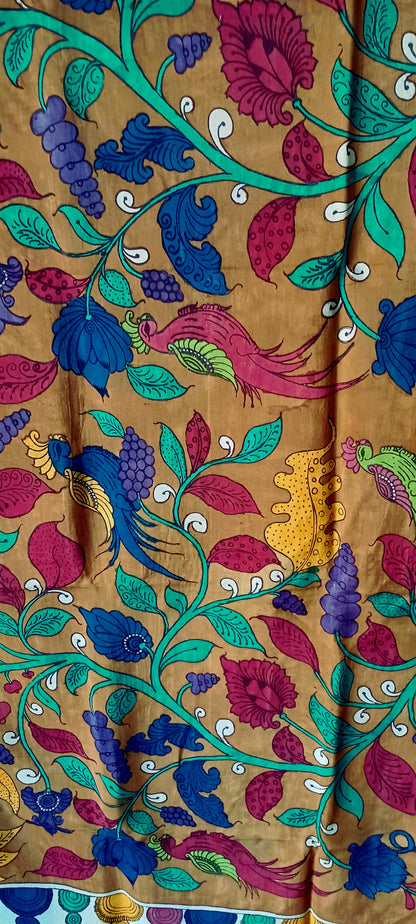 Light Brown Srikalahasti Pen Kalamkari Bangalore Silk Handpainted Dupatta