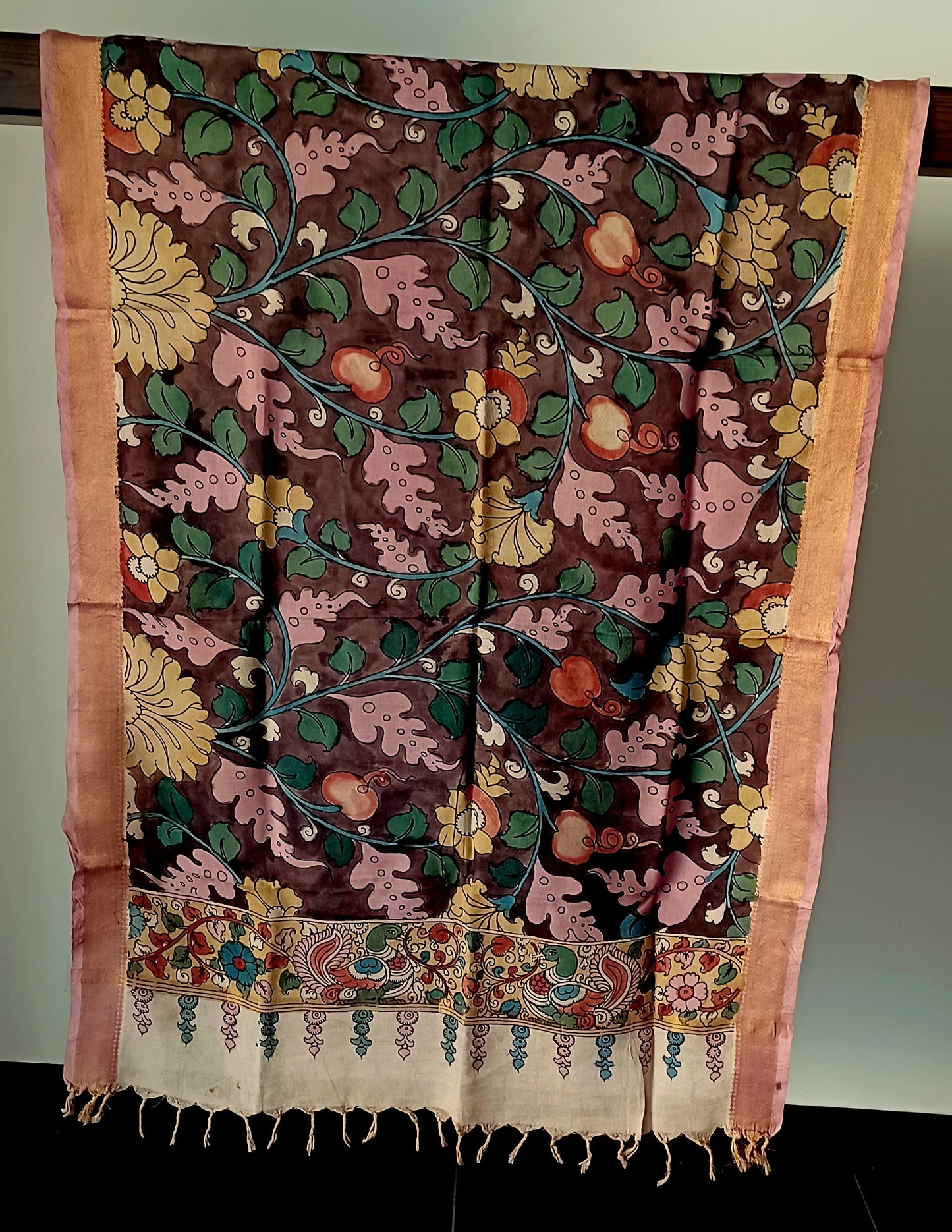 Dark Brown Srikalahasti Pen Kalamkari Bangalore Silk Handpainted Dupatta