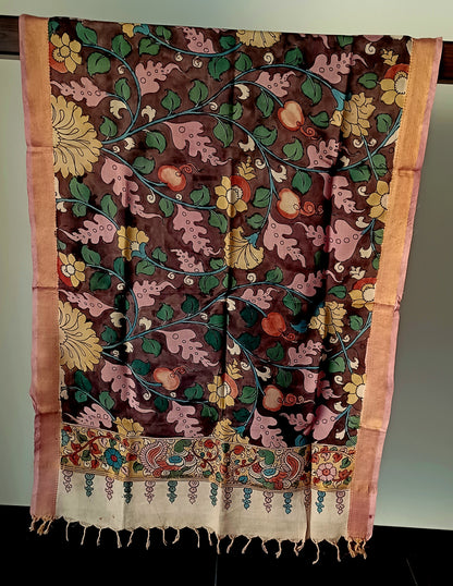 Dark Brown Srikalahasti Pen Kalamkari Bangalore Silk Handpainted Dupatta
