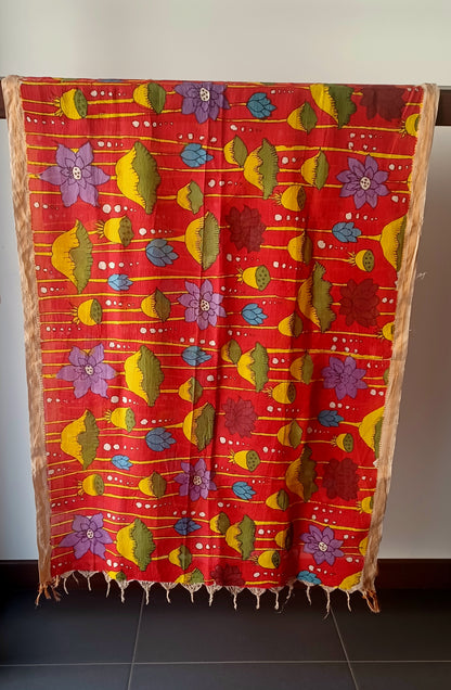 Red Srikalahasti Pen Kalamkari Bangalore Silk Handpainted Dupatta