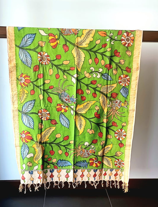 Parrot Green Srikalahasti Pen Kalamkari Cotton Handpainted Dupatta