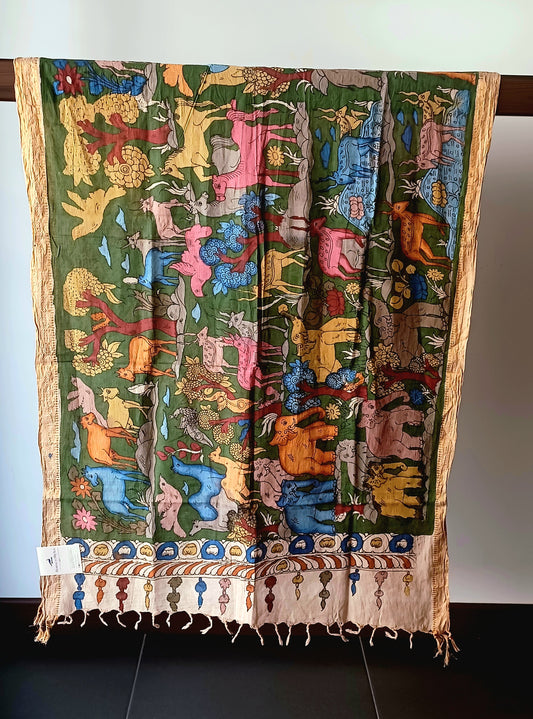Dark Green Srikalahasti Pen Kalamkari Cotton Handpainted Dupatta
