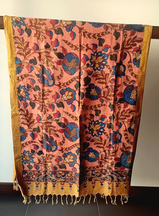 Pastel Pink Srikalahasti Pen Kalamkari Cotton Handpainted Dupatta