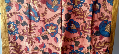Pastel Pink Srikalahasti Pen Kalamkari Cotton Handpainted Dupatta
