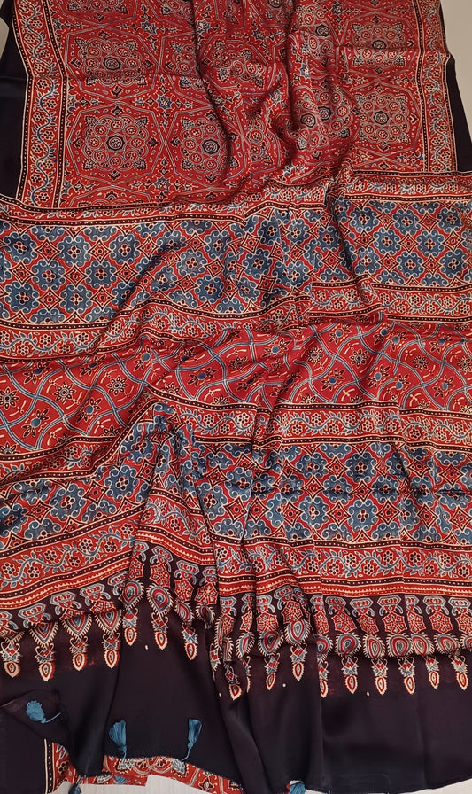 Red Modal Silk Ajrakh handblock print saree
