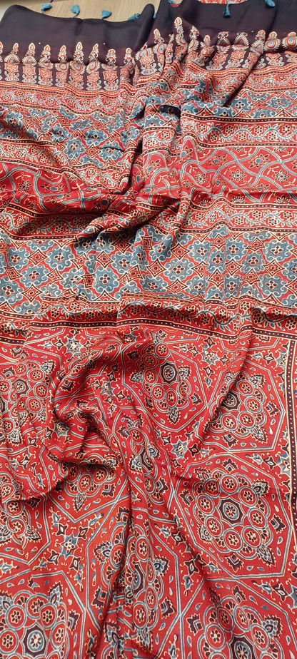 Red Modal Silk Ajrakh handblock print saree