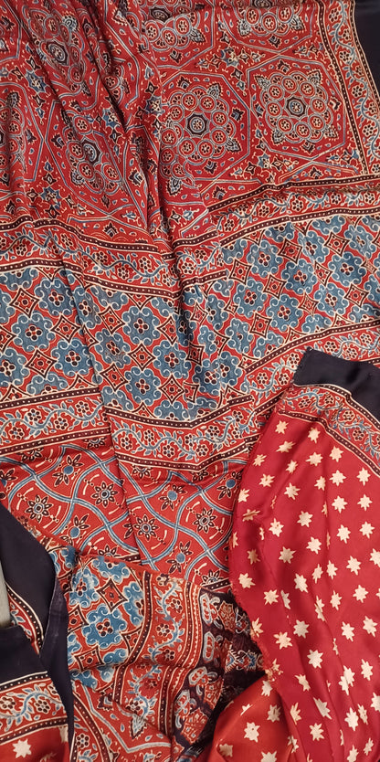 Red Modal Silk Ajrakh handblock print saree