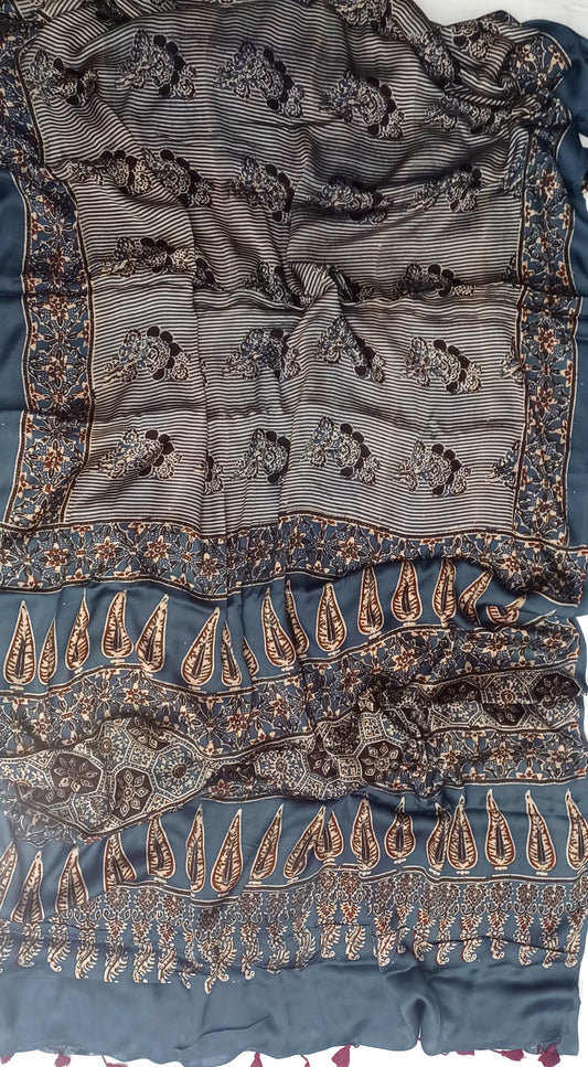 Indigo Blue Modal Silk Ajrakh handblock print saree