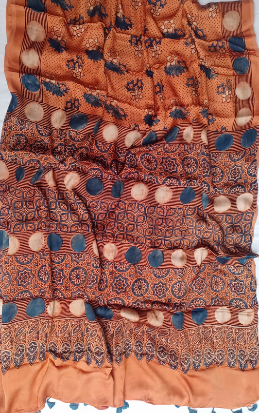 Orange Modal Silk Ajrakh handblock print saree