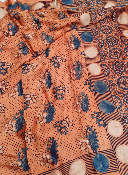 Orange Modal Silk Ajrakh handblock print saree