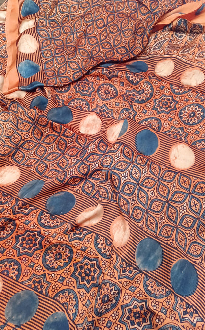 Orange Modal Silk Ajrakh handblock print saree