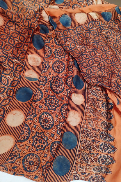Orange Modal Silk Ajrakh handblock print saree