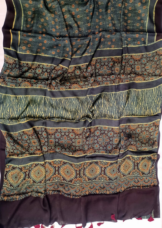 Dark Green Modal Silk Ajrakh handblock print saree
