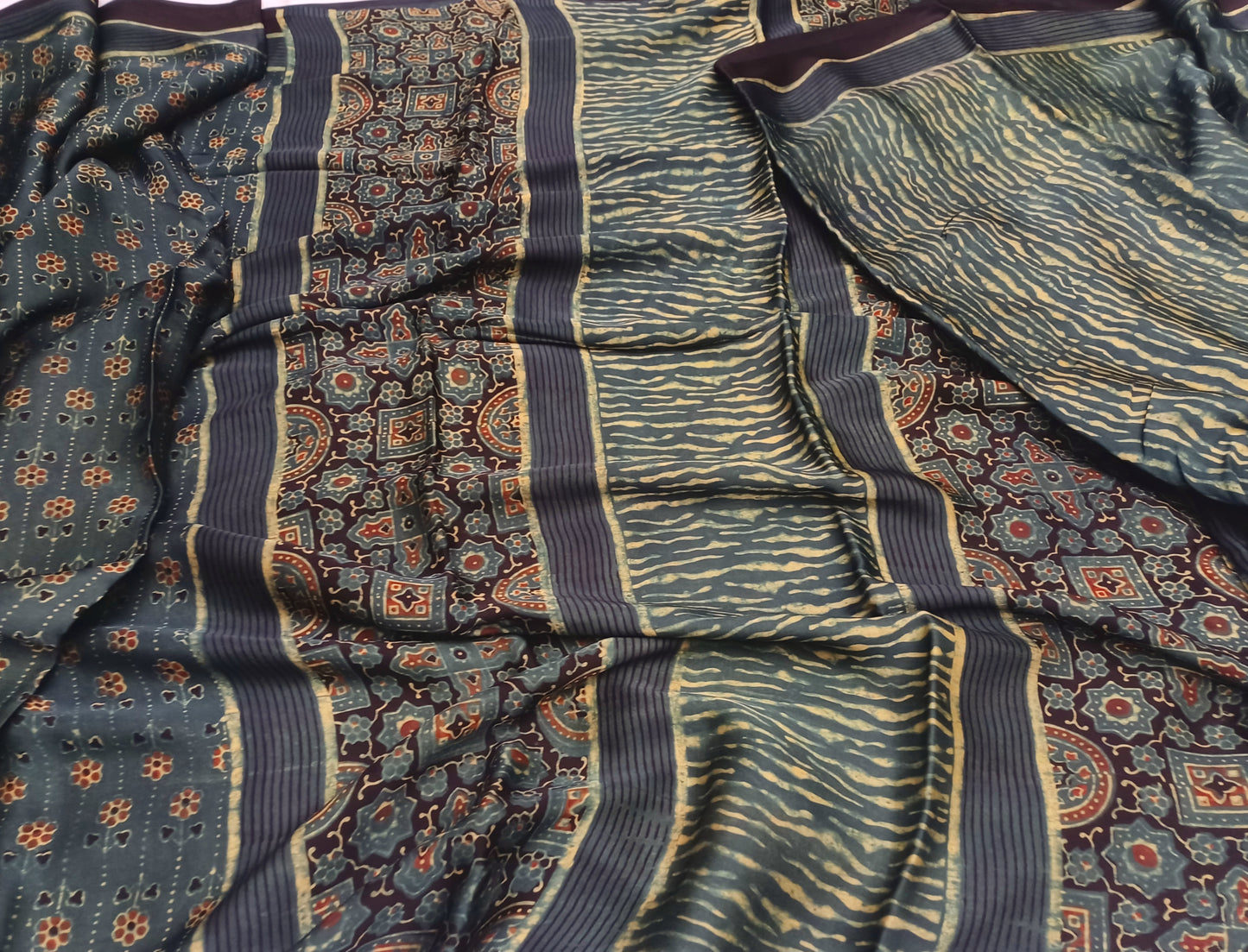 Dark Green Modal Silk Ajrakh handblock print saree