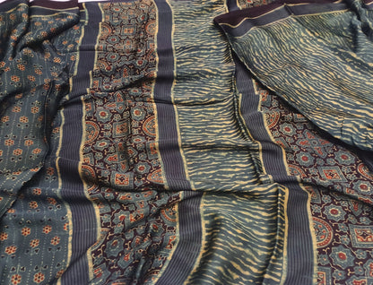 Dark Green Modal Silk Ajrakh handblock print saree