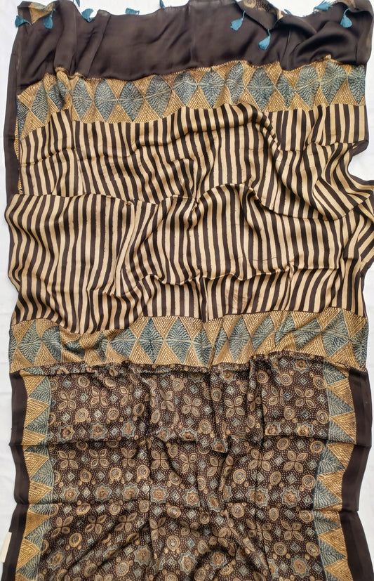 Brown Modal Silk Ajrakh handblock print saree