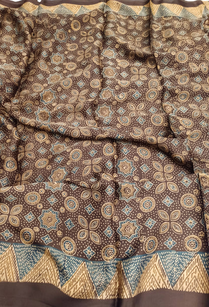 Brown Modal Silk Ajrakh handblock print saree