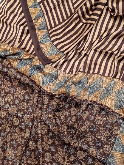 Brown Modal Silk Ajrakh handblock print saree