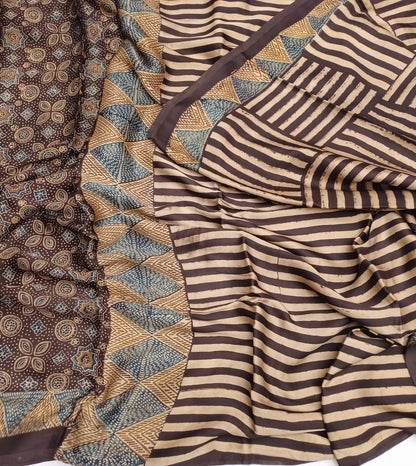 Brown Modal Silk Ajrakh handblock print saree