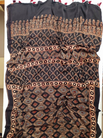 Black - Modal Silk Ajrakh handblock print saree