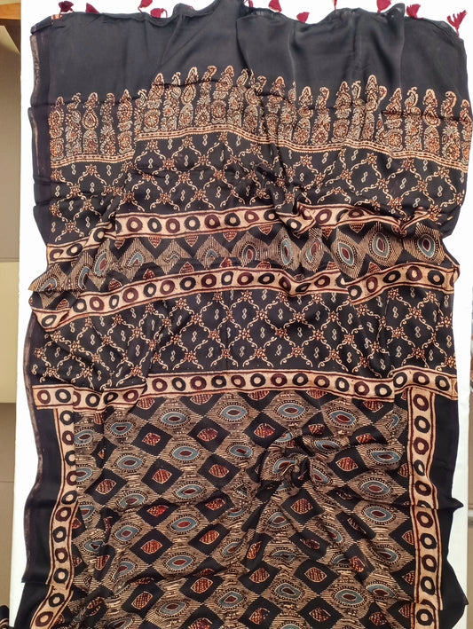 Black Modal Silk Ajrakh handblock print saree