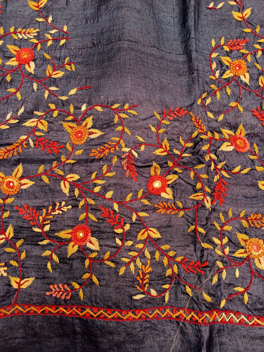 Navy Blue pure tussar silk blouse handcrafted with french knot work