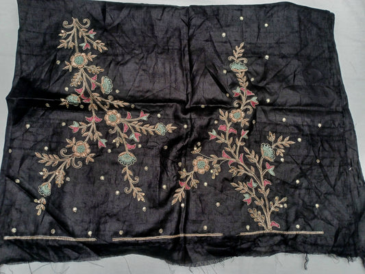 Black pure tussar silk blouse handcrafted with zardosi and french knot work