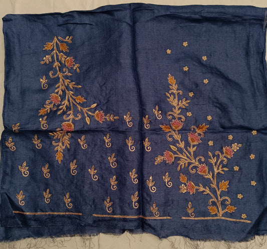 Dark Blue pure tussar silk blouse handcrafted with zardosi and french knot work